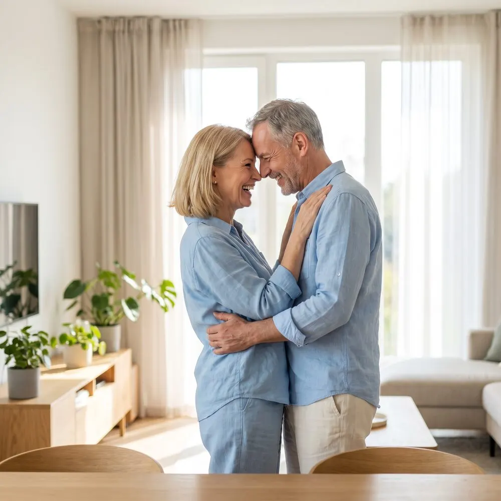 Happy middle-aged couple laughing together at home