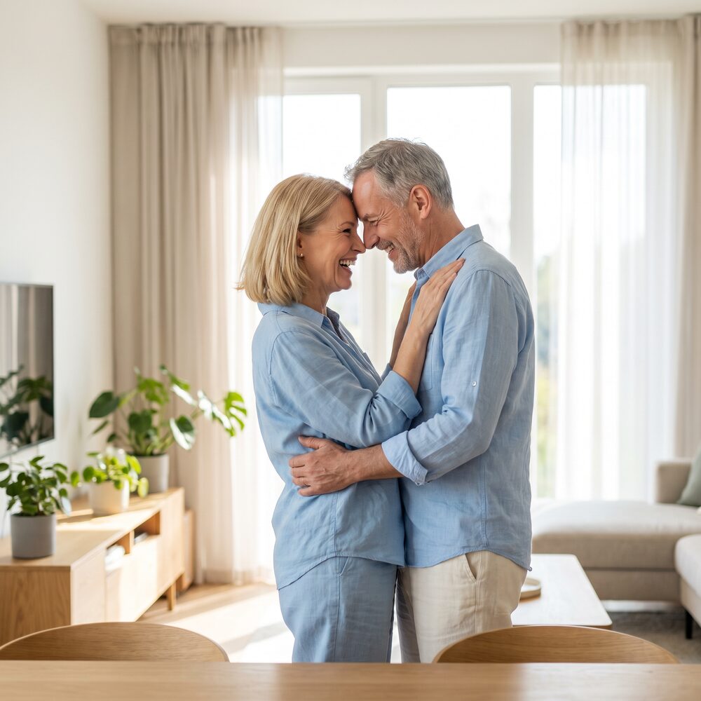 Happy middle-aged couple laughing together at home